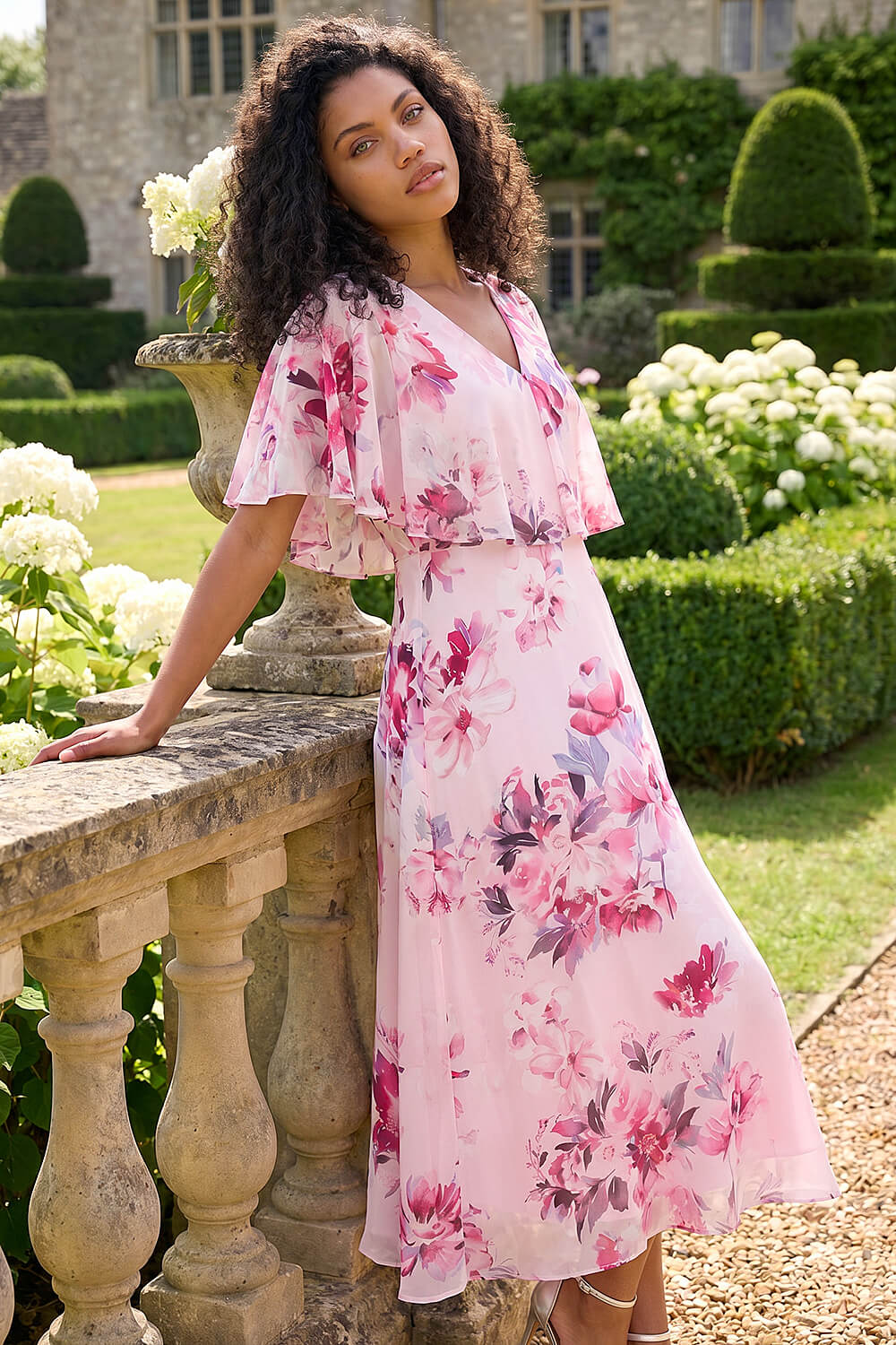 Floral Print Midi Dress with Sheer Cape Overlay Floral Print Midi Dress with Sheer Cape Overlay — Light Pink Dress Ideas