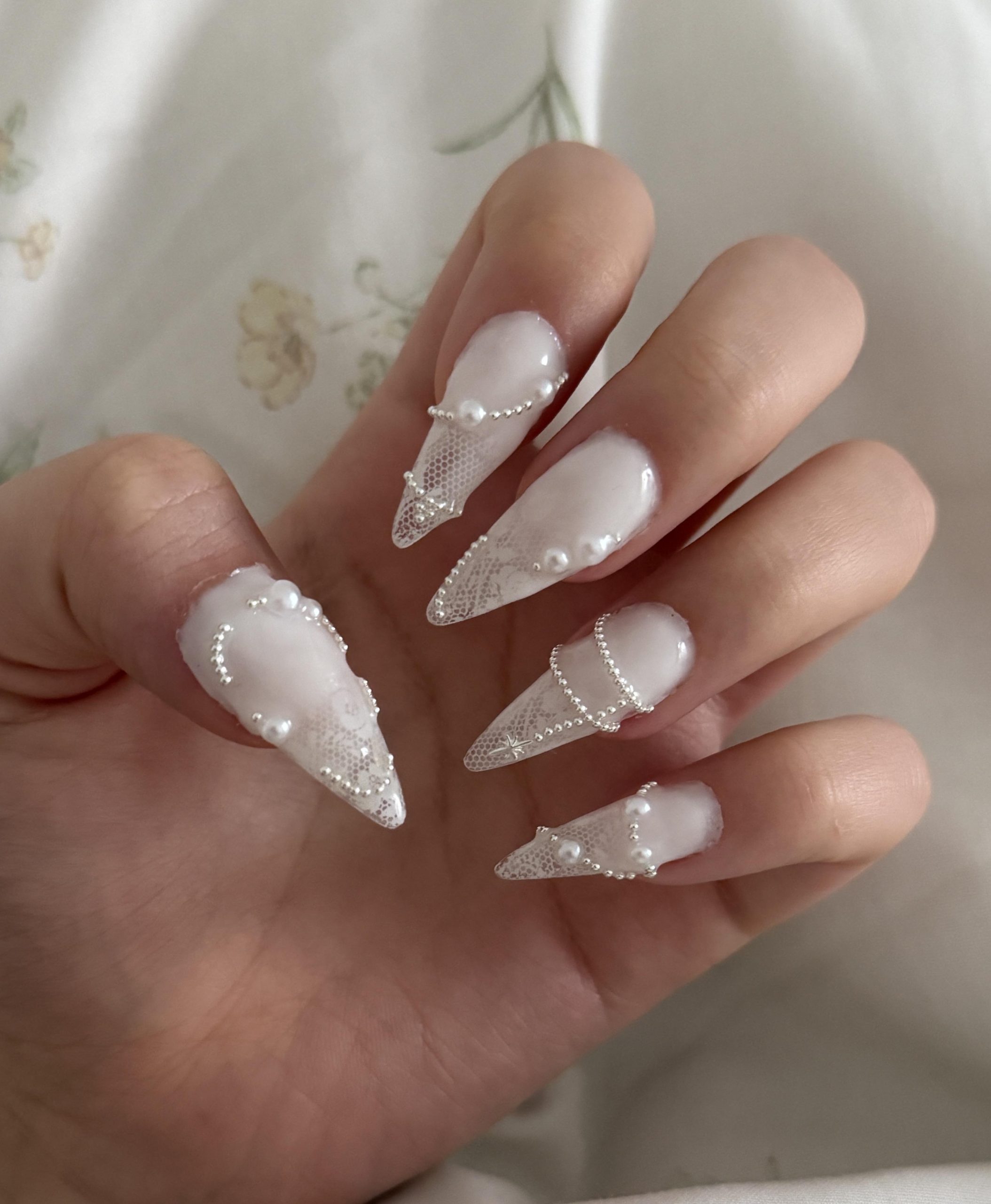 3D Embellished White Lace Stilettos — Lace Nails