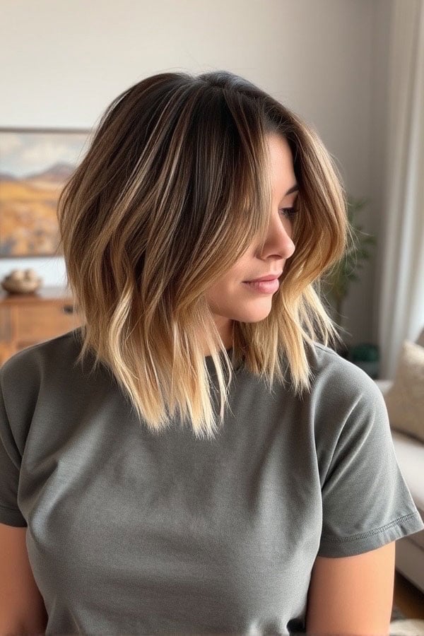 Dark Blonde Balayage Lob With Soft Waves Dark Blonde Balayage Lob With Soft Waves — Medium Hair Ideas