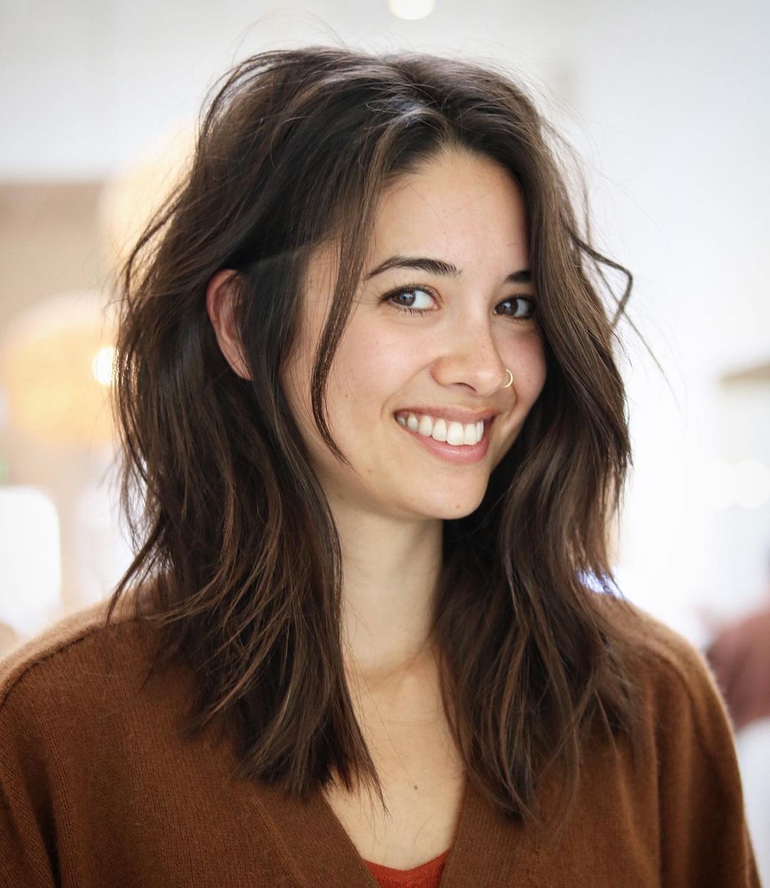Dark Brown Shoulder Shag With Wispy Bangs Dark Brown Shoulder Shag With Wispy Bangs — Medium Hair Ideas