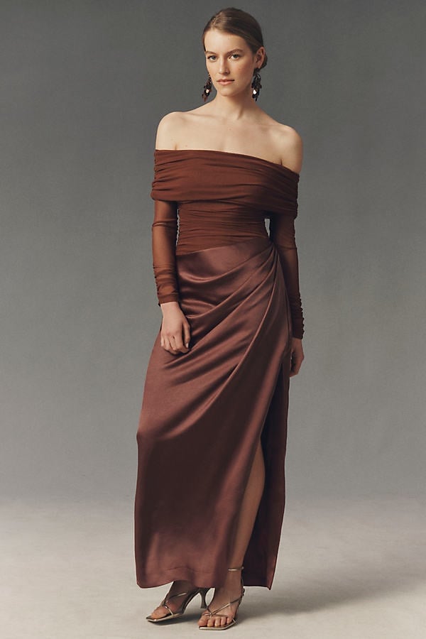 Off-Shoulder Ruched Mesh Dress with Satin Skirt Off-Shoulder Ruched Mesh Dress with Satin Skirt — Mesh Dress Ideas