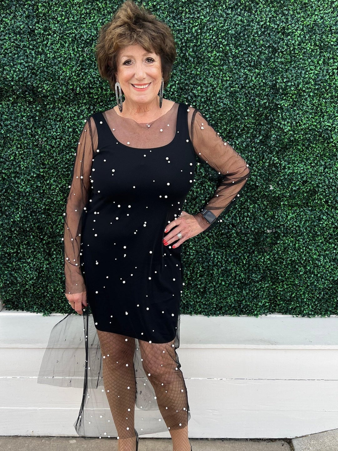 Pearl Embellished Mesh Overlay Mini Dress With Black Heels Pearl Embellished Mesh Overlay Mini Dress With Black Heels — Mesh Dress Ideas