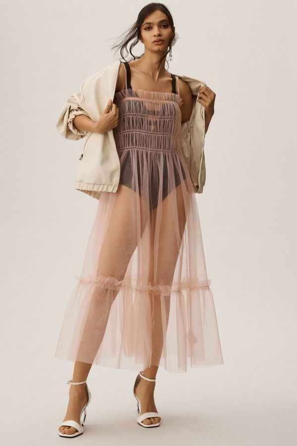 Pink Ruffled Tulle Midi Dress with Jacket Pink Ruffled Tulle Midi Dress with Jacket — Mesh Dress Ideas