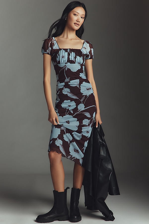 Brown and Blue Floral Ruched Mesh Dress Brown and Blue Floral Ruched Mesh Dress — Mesh Dress Ideas