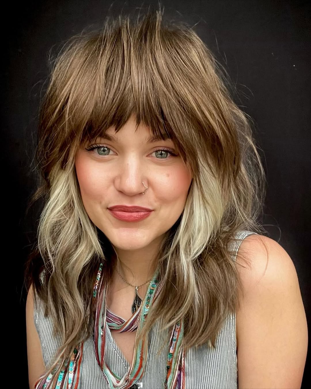 Mid-Back Shag With Full Fringe and Money Pieces Mid-Back Shag With Full Fringe and Money Pieces — Modern Shag Inspo