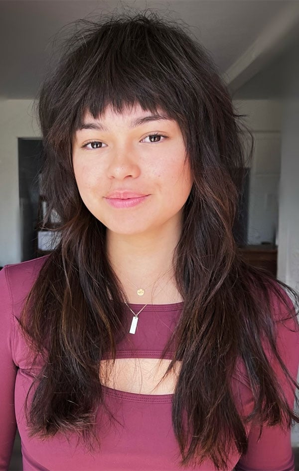 Collarbone Dark Brown Shag With Choppy Bangs Collarbone Dark Brown Shag With Choppy Bangs — Modern Shag Inspo