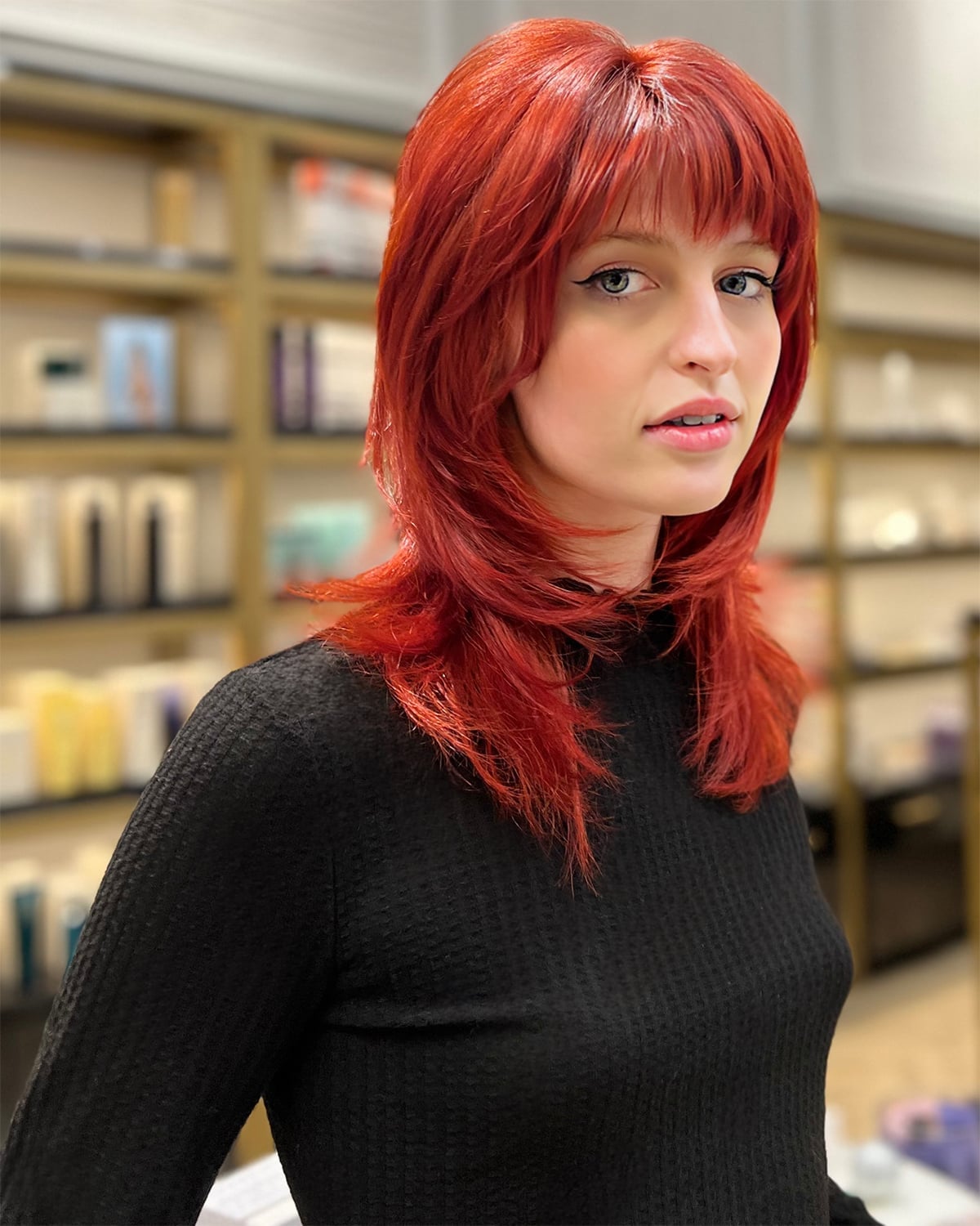 Mid-Length Vibrant Red Shag With Layered Bangs Mid-Length Vibrant Red Shag With Layered Bangs — Modern Shag Inspo
