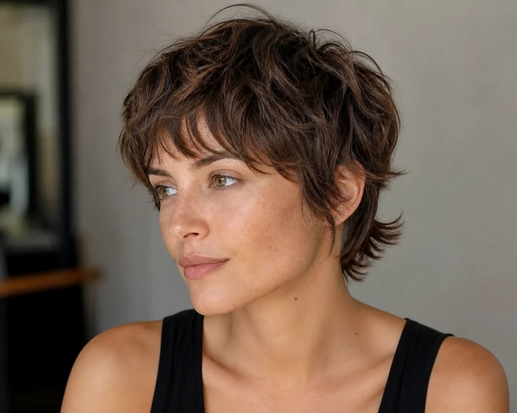 Short Dark Brown Shag With Textured Bangs Short Dark Brown Shag With Textured Bangs — Modern Shag Inspo