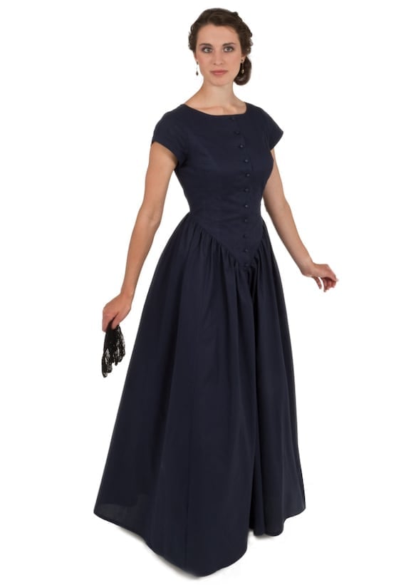 Navy Blue A-Line Dress With Buttoned Bodice Navy Blue A-Line Dress With Buttoned Bodice — Modern Victorian Dresses