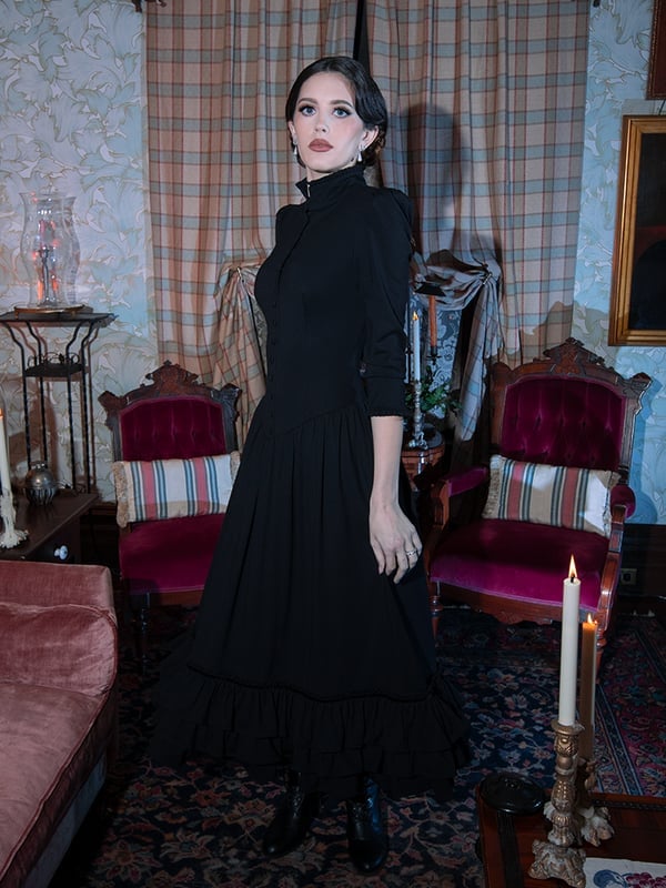 Black High-Neck Dress With Ruffled Hem Black High-Neck Dress With Ruffled Hem — Modern Victorian Dresses