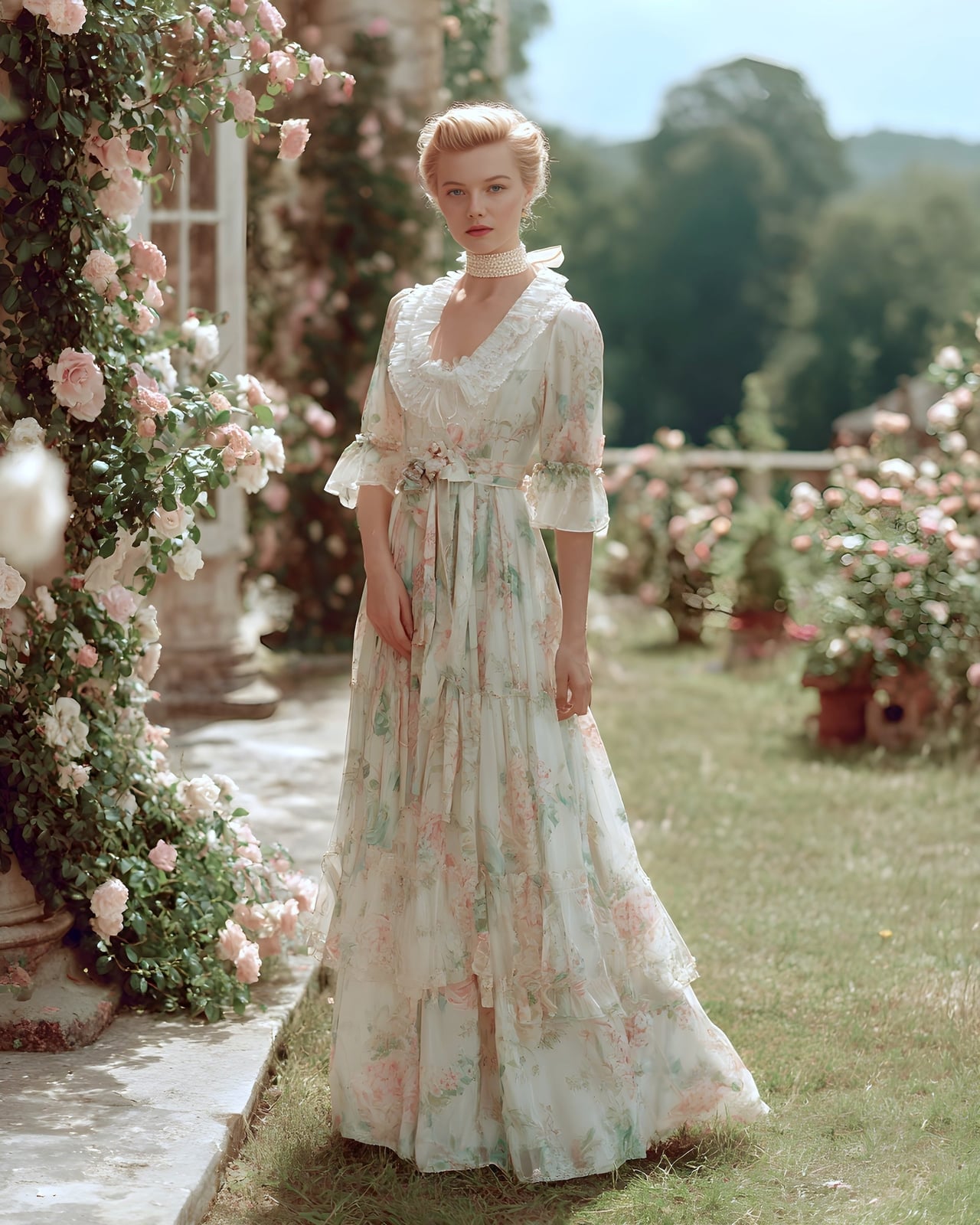 Tiered Floral Dress With Ruffled Neckline Tiered Floral Dress With Ruffled Neckline — Modern Victorian Dresses