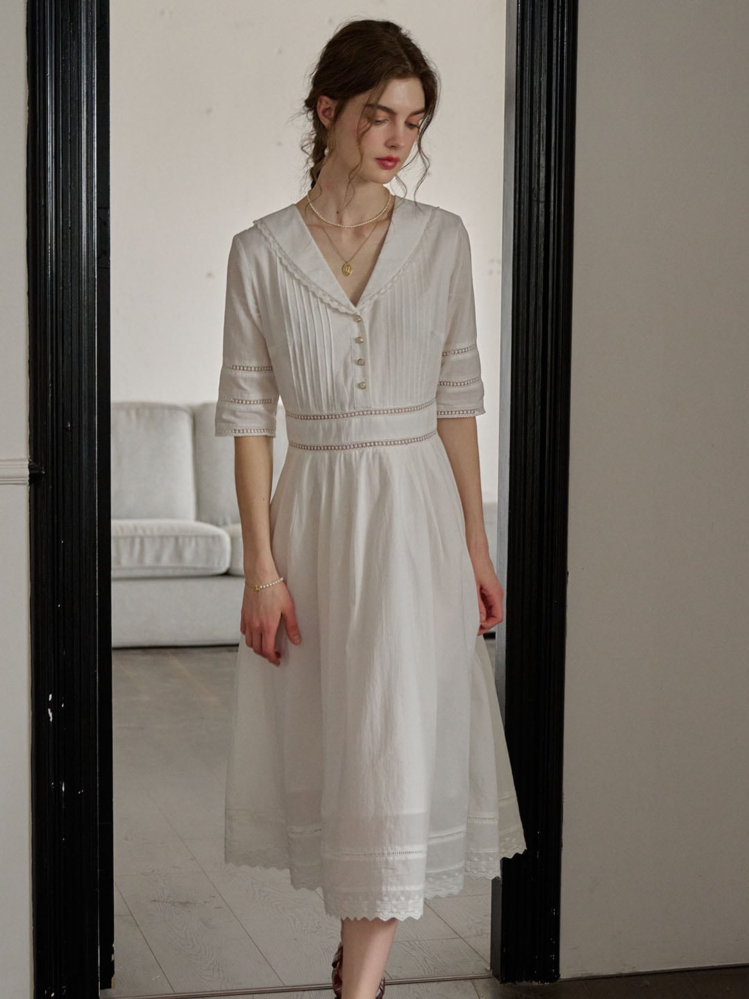 White Cotton Midi Dress With Lace Trim, Close-Up Take White Cotton Midi Dress With Lace Trim, Close-Up Take — Modern Victorian Dresses