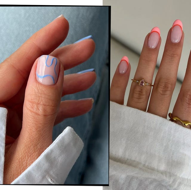 Short Almond Light Pink With Blue Wavy Lines Short Almond Light Pink With Blue Wavy Lines — Nails Easy Ideas