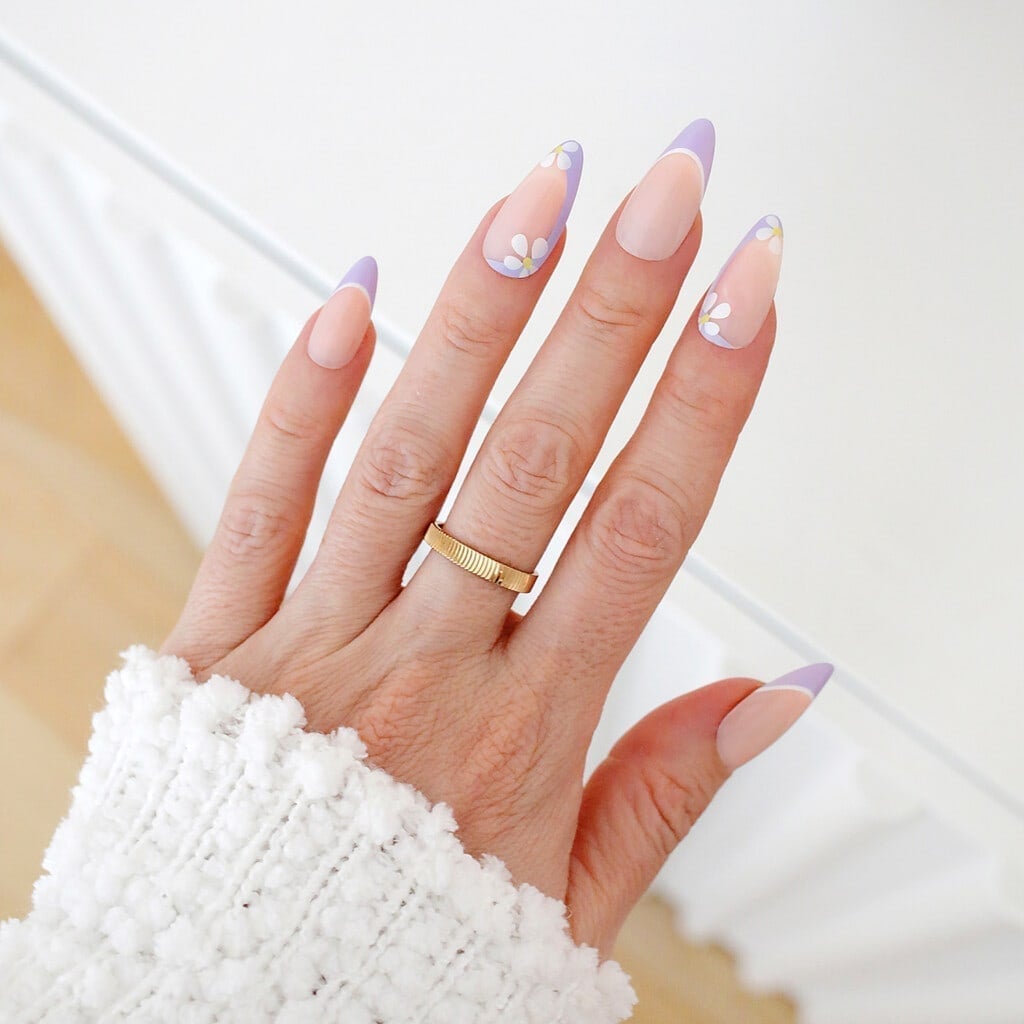 Long Almond Lavender French With White Flowers Long Almond Lavender French With White Flowers — Nails Easy Ideas