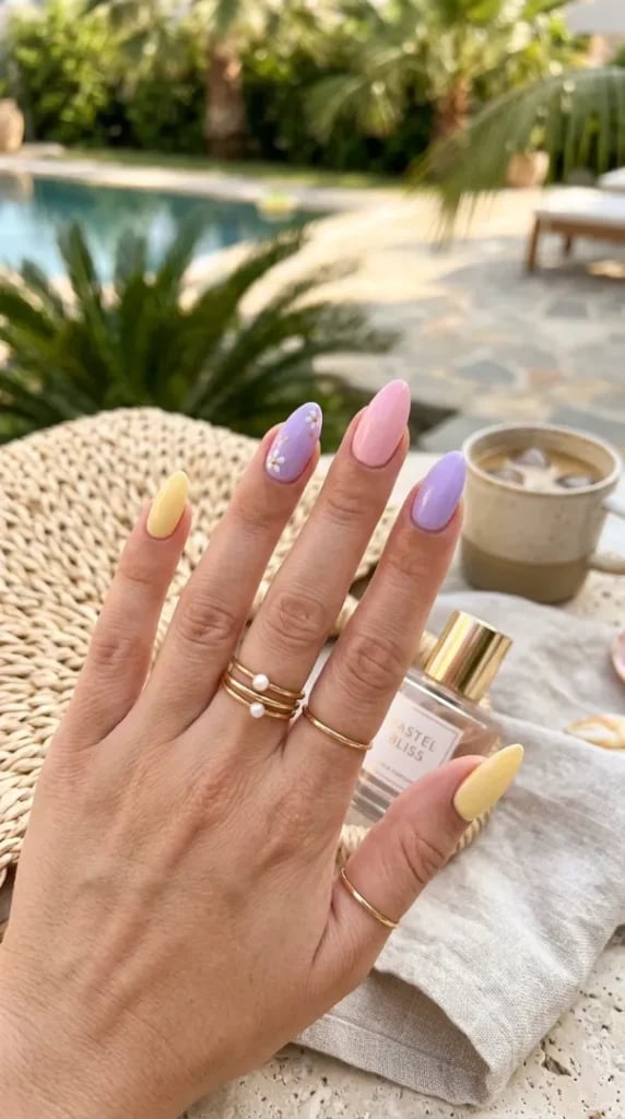 Medium Oval Pastel With Floral Accent Nail Medium Oval Pastel With Floral Accent Nail — Nails Easy Ideas