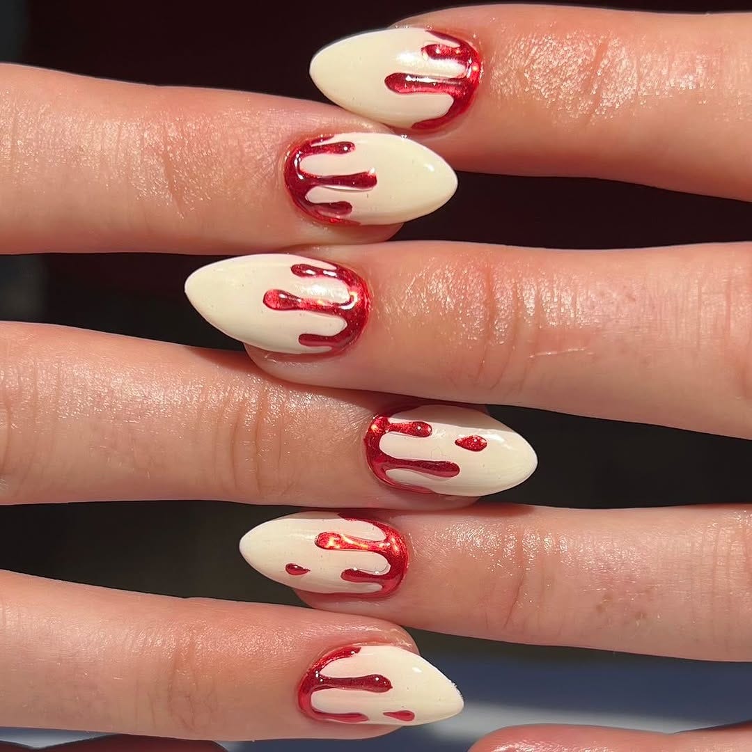 Medium Oval Off-White With Dripping Red Design Medium Oval Off-White With Dripping Red Design — Nails Easy Ideas