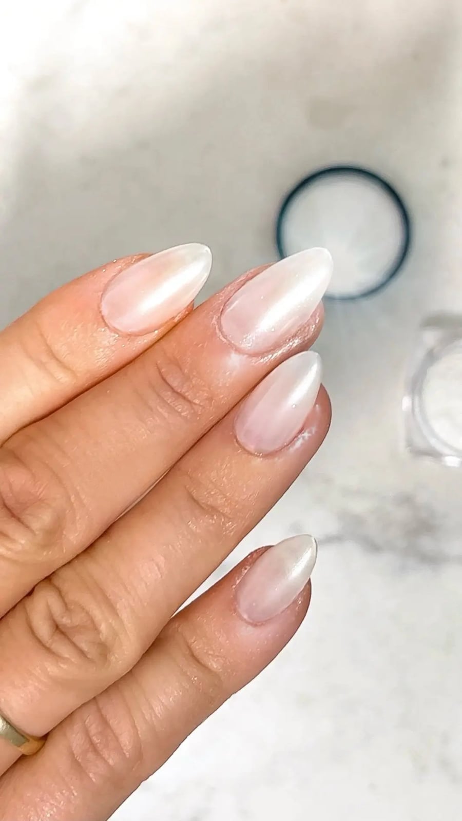 Milky Pearlescent Sheer White Short Almond Nails Milky Pearlescent Sheer White Short Almond Nails — Nails Easy Ideas