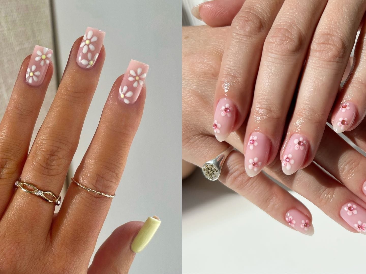 Short Square Pink With Daisy Flowers Short Square Pink With Daisy Flowers — Nails Easy Ideas
