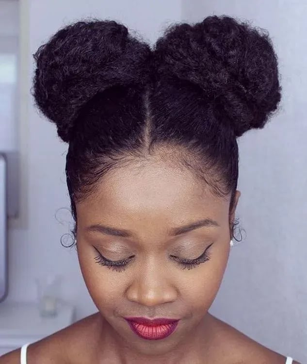 Double High Buns Natural Black Curls — Natural Bun Ideas