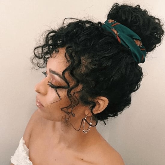 Messy Bun With Curly Fringe And Scarf — Natural Bun Ideas