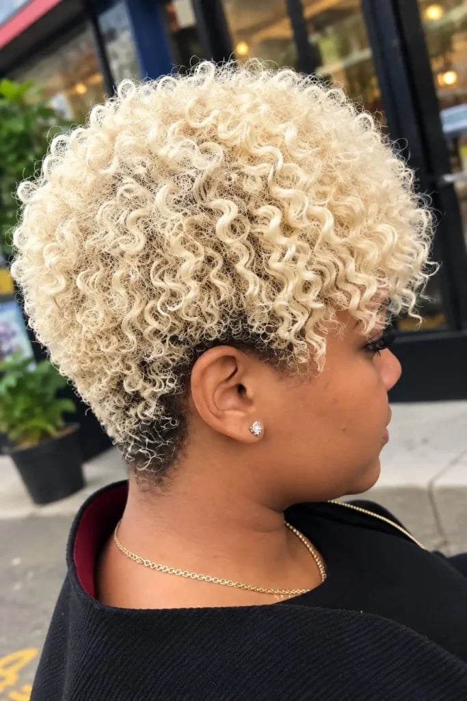 Platinum Blonde Curly Pixie — Natural Hair Black Women Styles