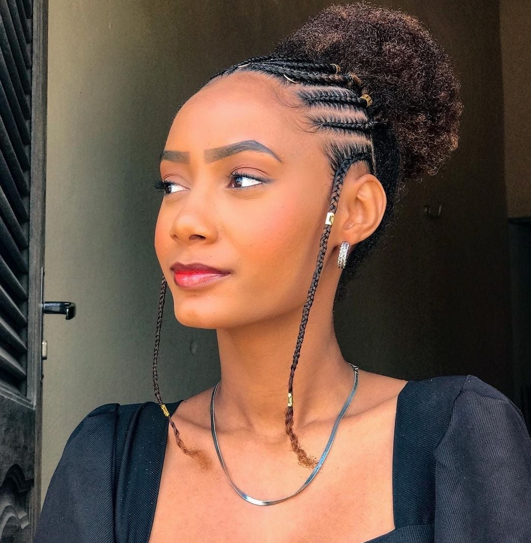 Cornrows With Gold Beads Leading Into High Bun Cornrows With Gold Beads Leading Into High Bun — Natural Hair Braiding Ideas