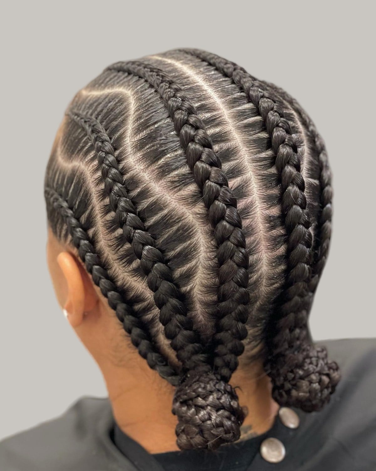 Cornrows Into Two Braided Ponytails With Geometric Patterns Cornrows Into Two Braided Ponytails With Geometric Patterns — Natural Hair Braiding Ideas