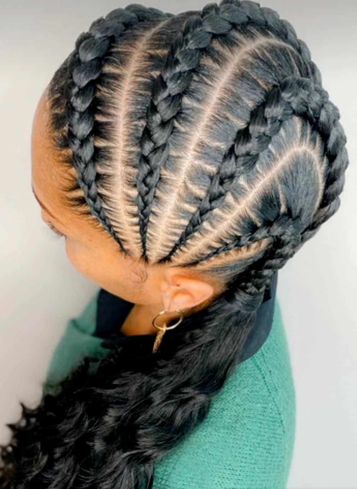 Cornrows Into Ponytail With Geometric Scalp Pattern Cornrows Into Ponytail With Geometric Scalp Pattern — Natural Hair Braiding Ideas