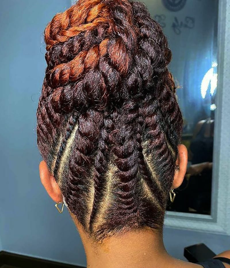 Braided Updo With Geometric Patterns And Auburn Highlights Braided Updo With Geometric Patterns And Auburn Highlights — Natural Hair Braiding Ideas