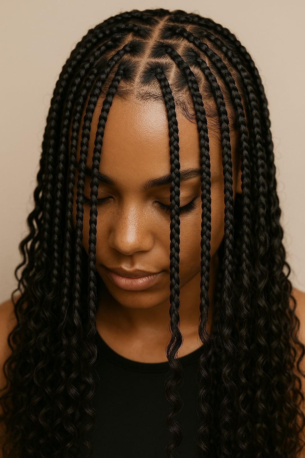 Long Defined Box Braids With Wavy Ends, Mid-Back Long Defined Box Braids With Wavy Ends, Mid-Back — Natural Hair Braiding Ideas