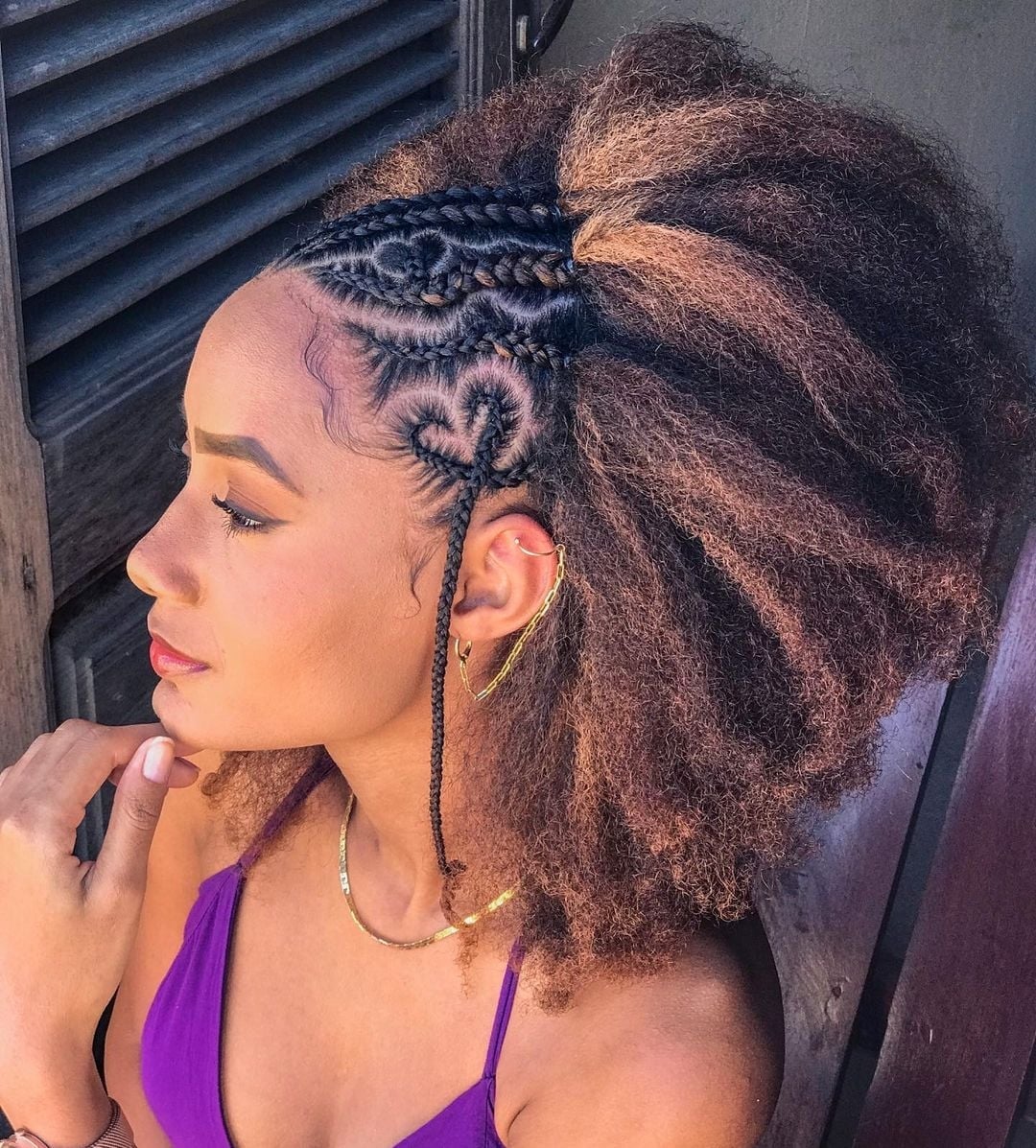Heart Shaped Cornrow Design With Voluminous Afro Heart Shaped Cornrow Design With Voluminous Afro — Natural Hair Braiding Ideas