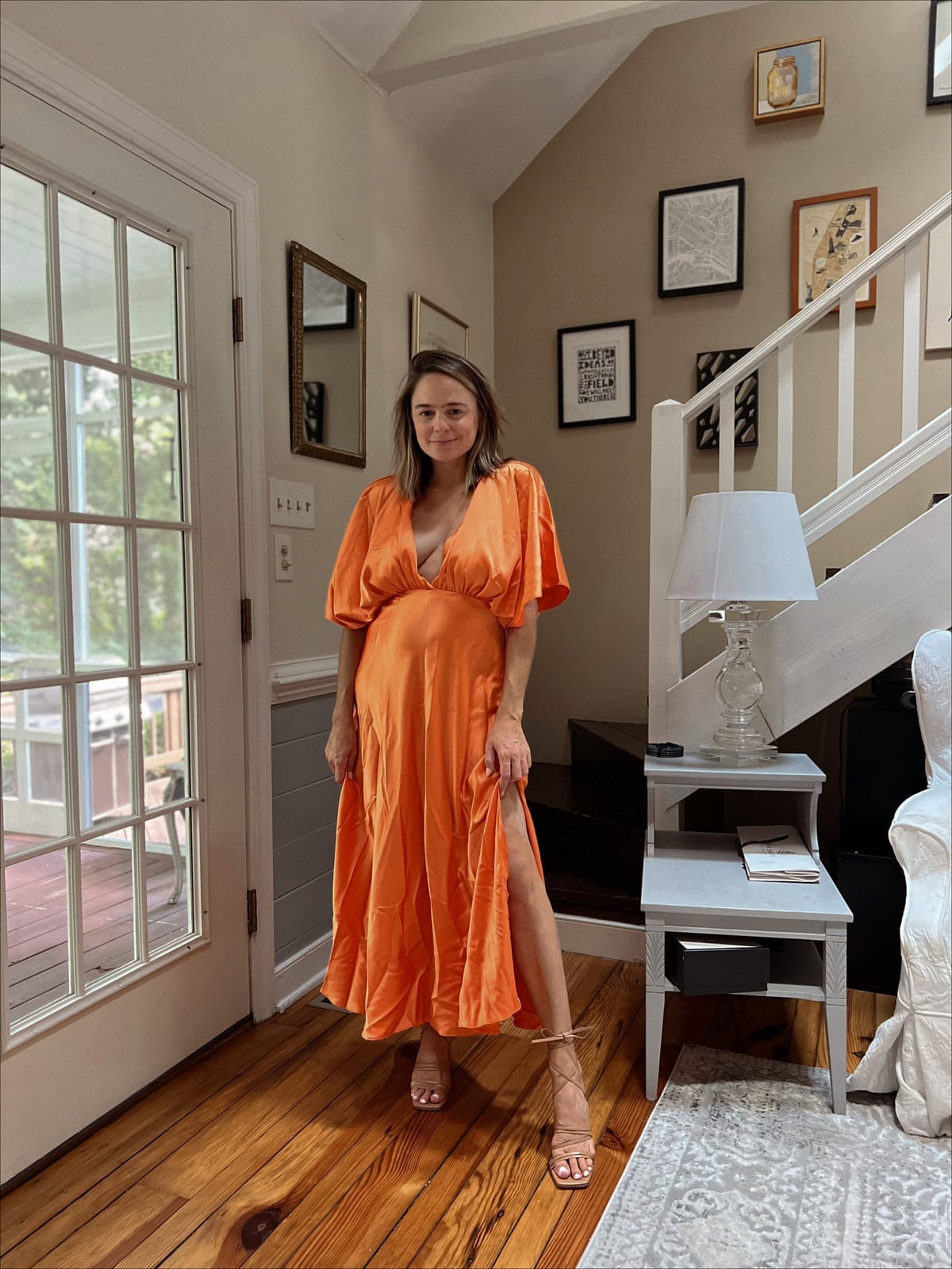 Orange Satin Midi Dress with Voluminous Sleeves and High Slit Orange Satin Midi Dress with Voluminous Sleeves and High Slit — Orange Dress Ideas