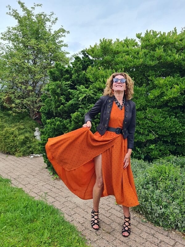 Burnt Orange Polka Dot Wrap Dress with Black Jacket Burnt Orange Polka Dot Wrap Dress with Black Jacket — Orange Dress Ideas