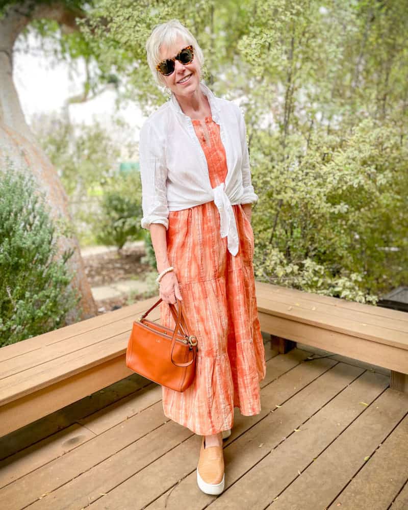 Tiered Orange and White Tie-Dye Midi Dress With Tan Platform Loafers Tiered Orange and White Tie-Dye Midi Dress With Tan Platform Loafers — Orange Dress Ideas