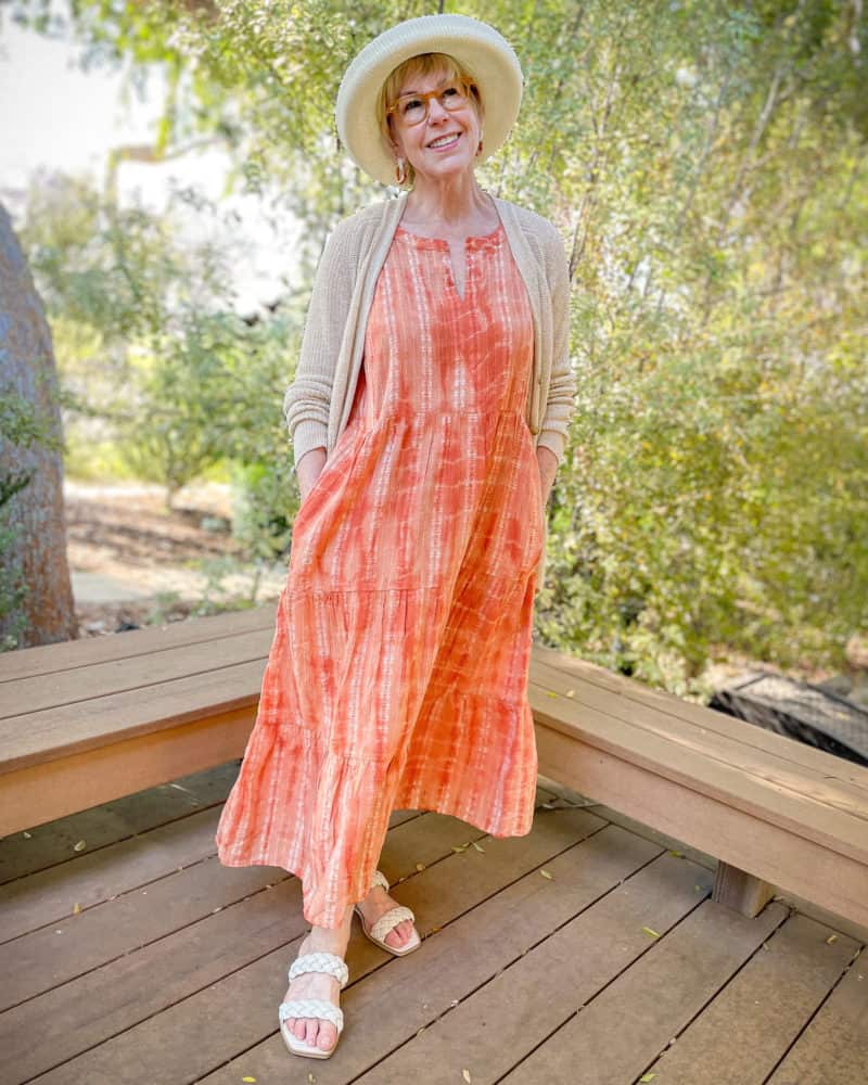 Tiered Orange and White Tie-Dye Midi Dress, Close-Up Take Tiered Orange and White Tie-Dye Midi Dress, Close-Up Take — Orange Dress Ideas