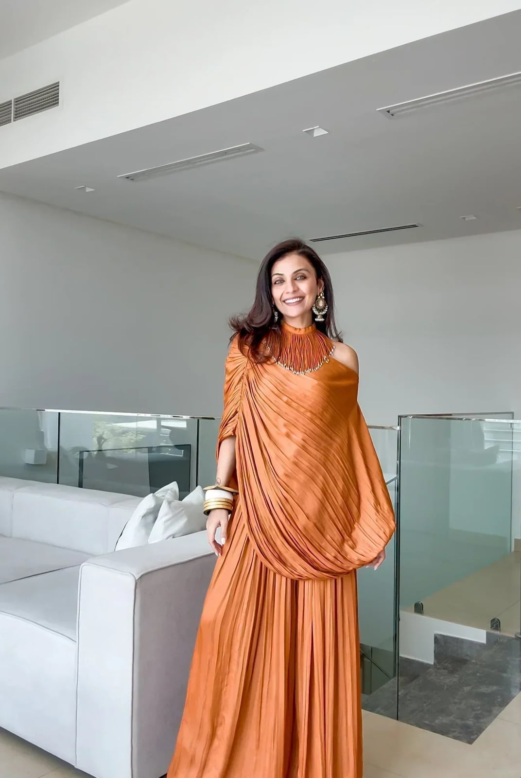 Burnt Orange Draped One-Shoulder Dress with Fringed Skirt Burnt Orange Draped One-Shoulder Dress with Fringed Skirt — Orange Dress Ideas