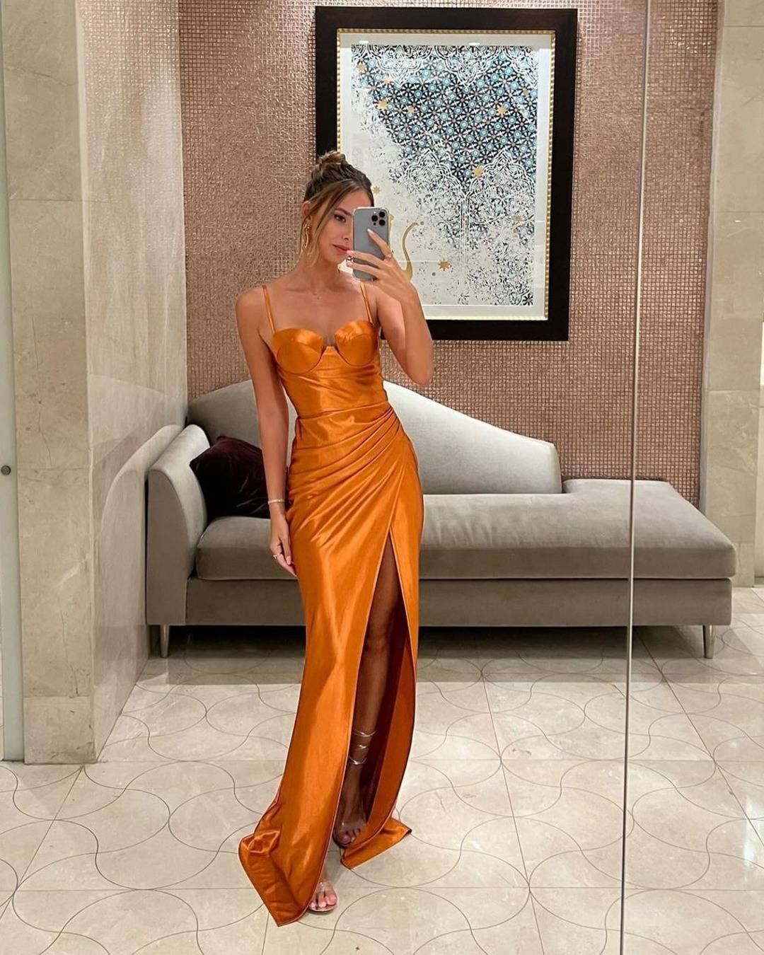Vibrant Orange Satin Dress with Spaghetti Straps, Close-Up Take Vibrant Orange Satin Dress with Spaghetti Straps, Close-Up Take — Orange Dress Ideas