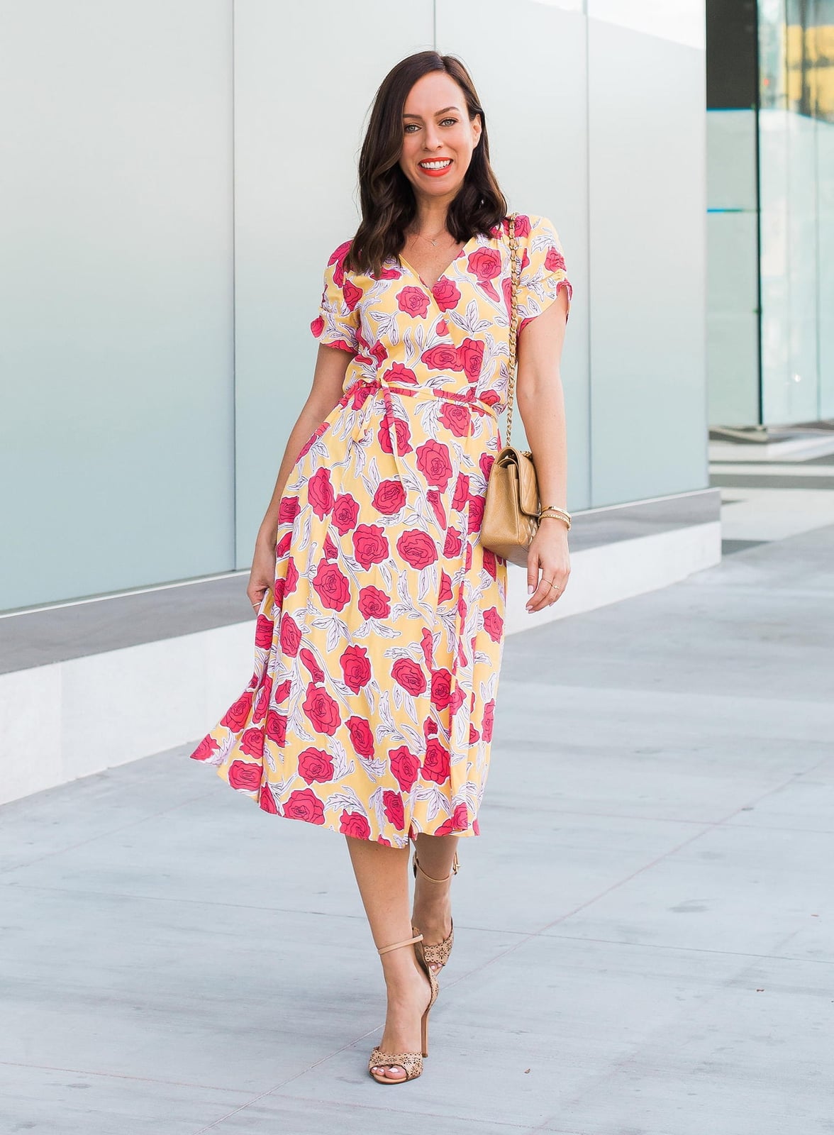 Yellow Rose Print Belted Wrap Midi Dress Yellow Rose Print Belted Wrap Midi Dress — Pattern Dress Ideas