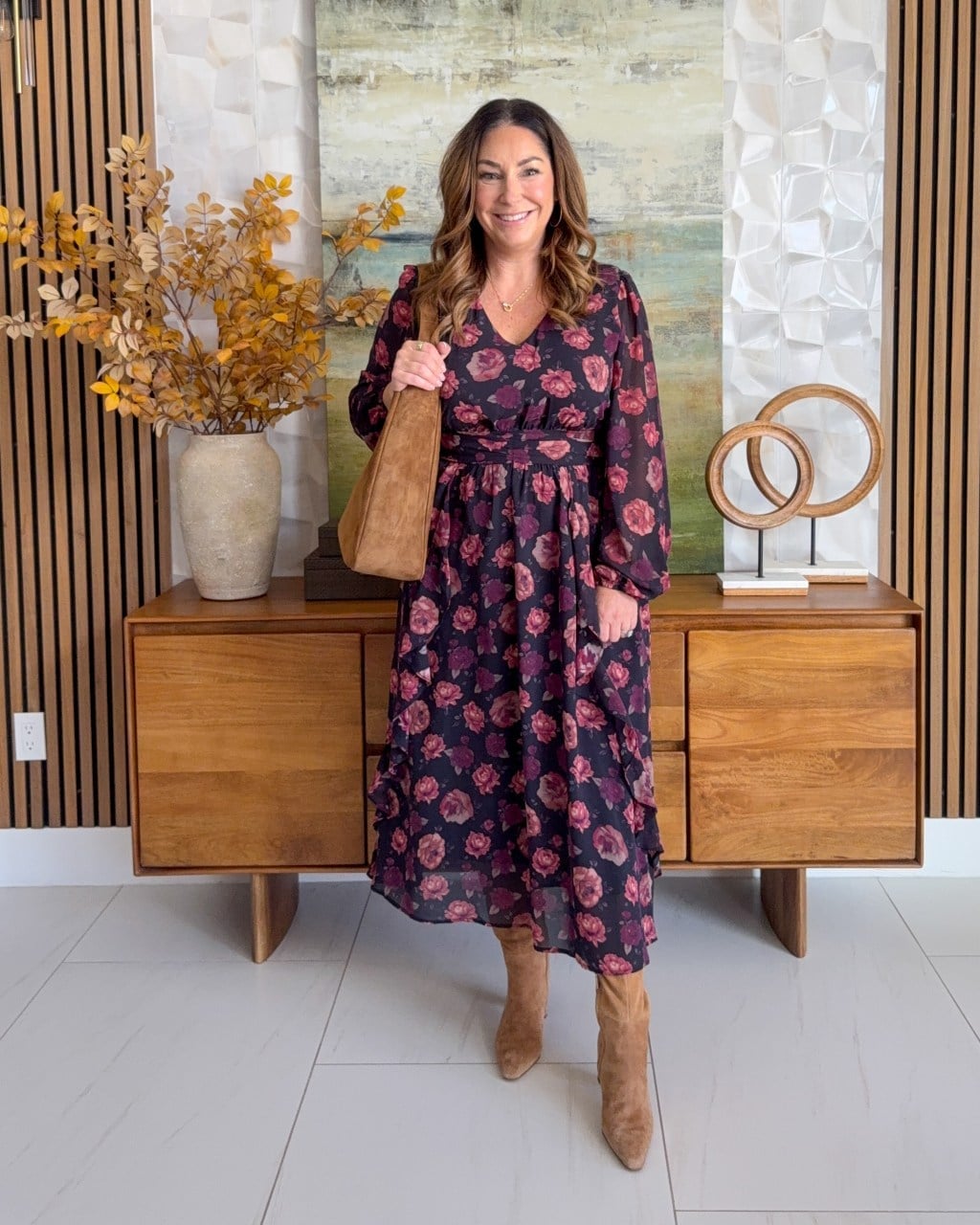 Dark Floral Print Midi Dress with Ruffles Dark Floral Print Midi Dress with Ruffles — Pattern Dress Ideas