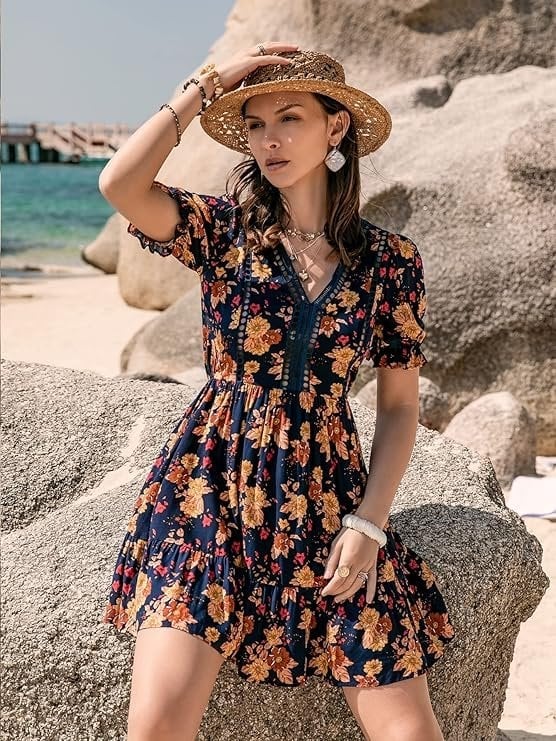 Navy Floral Print Flared Dress Navy Floral Print Flared Dress — Pattern Dress Ideas