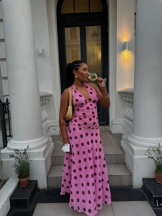 Pink Polka Dot Ruched Maxi Dress Pink Polka Dot Ruched Maxi Dress — Pattern Dress Ideas