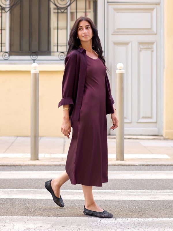 Deep Plum Midi Dress Layered with Shirt — Purple Dress Ideas
