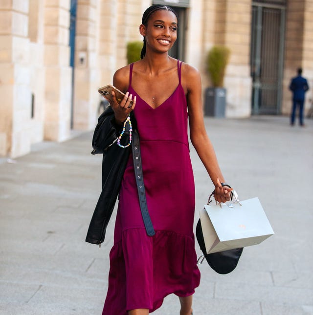 Deep Purple Satin Midi Dress with Ruffled Hem — Purple Dress Ideas