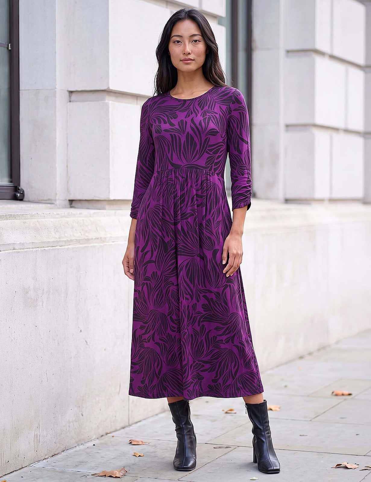 Purple Leaf Print Fit-And-Flare Midi Dress — Purple Dress Ideas
