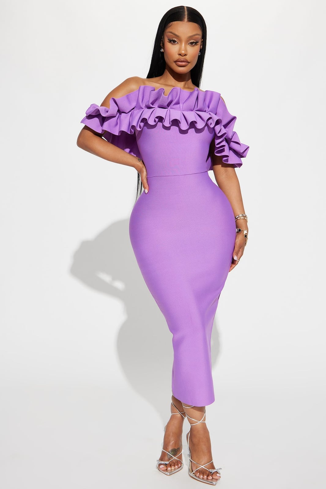 Bright Purple Bodycon Dress with Ruffled Neckline — Purple Dress Ideas