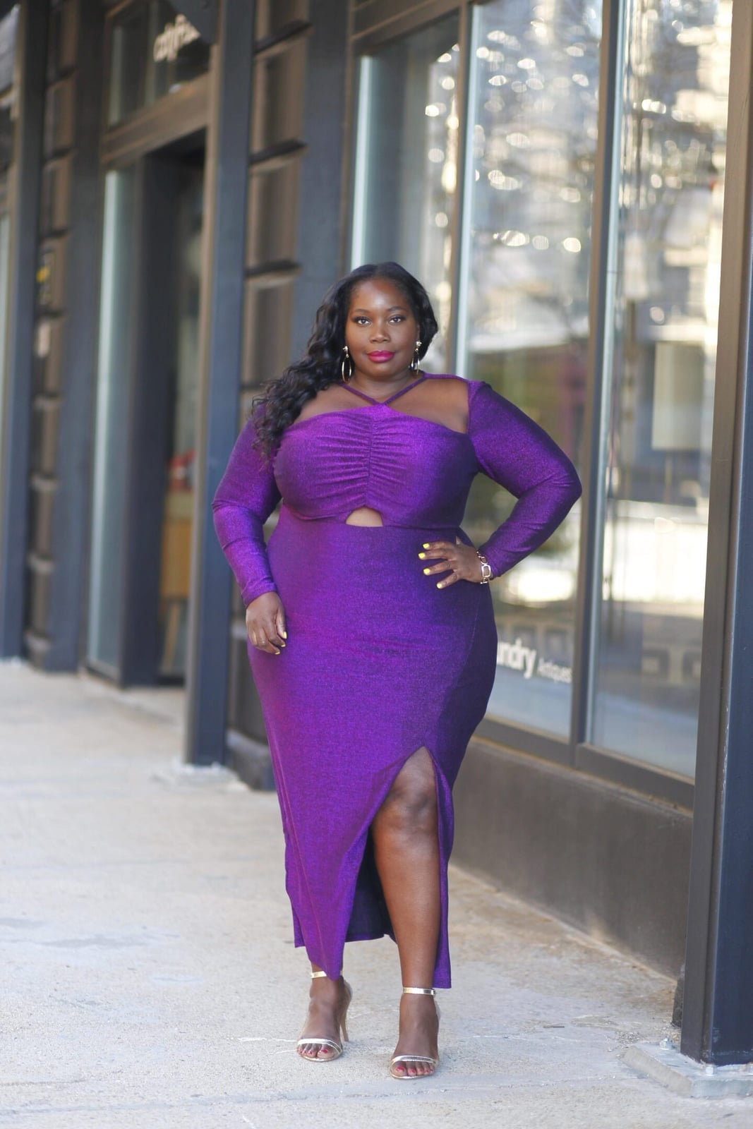 Vibrant Purple Shimmering Maxi Dress with Cut-Out — Purple Dress Ideas
