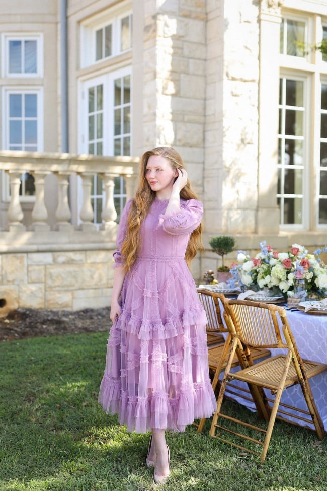 Lilac Midi Dress with Tiered Ruffle Skirt — Purple Dress Ideas