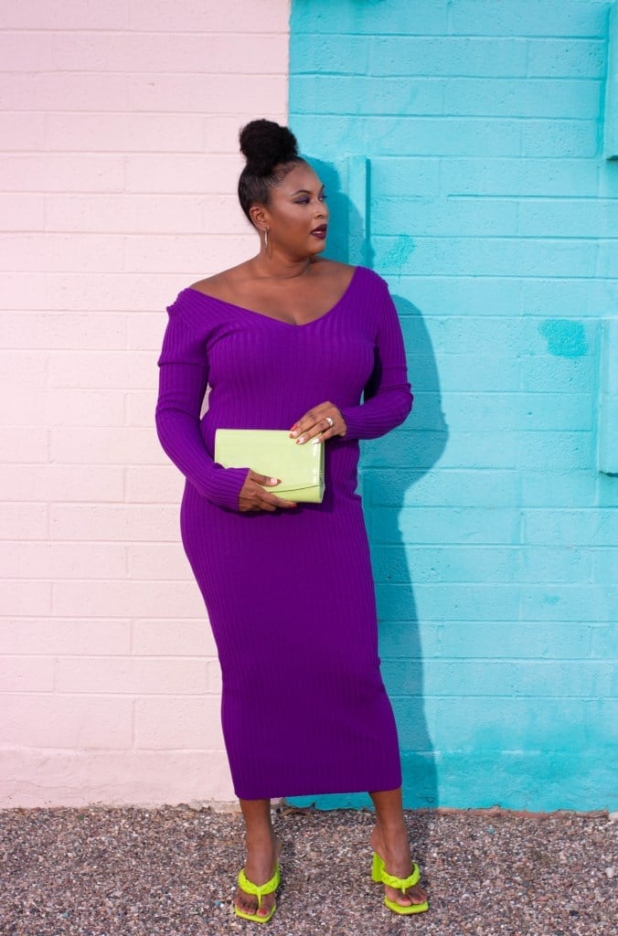 Purple Ribbed Knit Bodycon Dress Off-The-Shoulder — Purple Dress Ideas