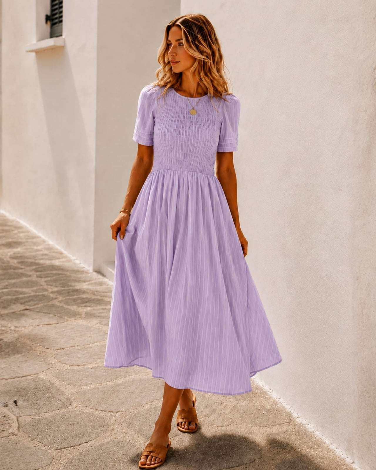 Lavender Smocked Bodice Midi Dress for Summer — Purple Dress Ideas