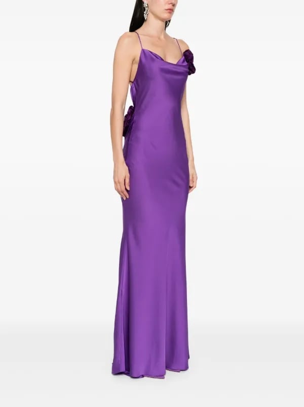 Purple Satin Column Maxi Dress with Floral Appliqué — Purple Dress Ideas